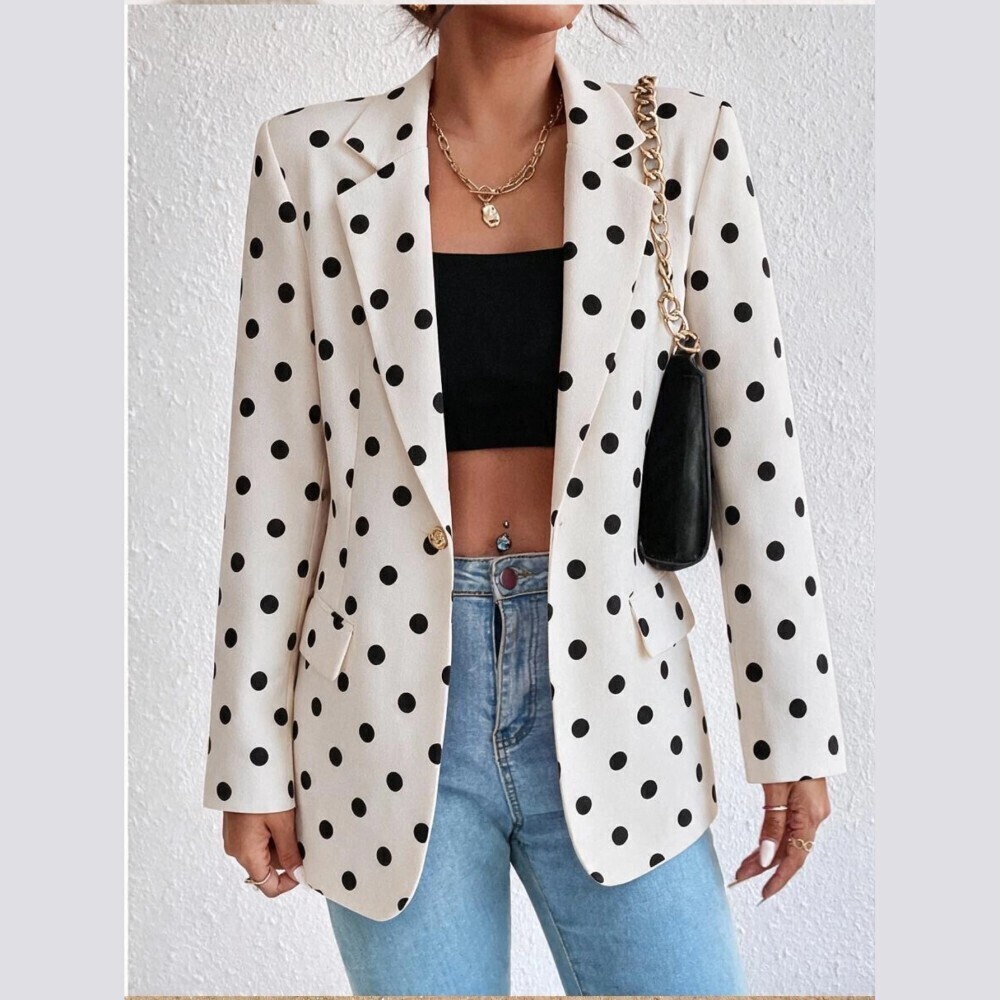 White / Black Polka Dot Single Button Notch Lapel Boxy Blazer